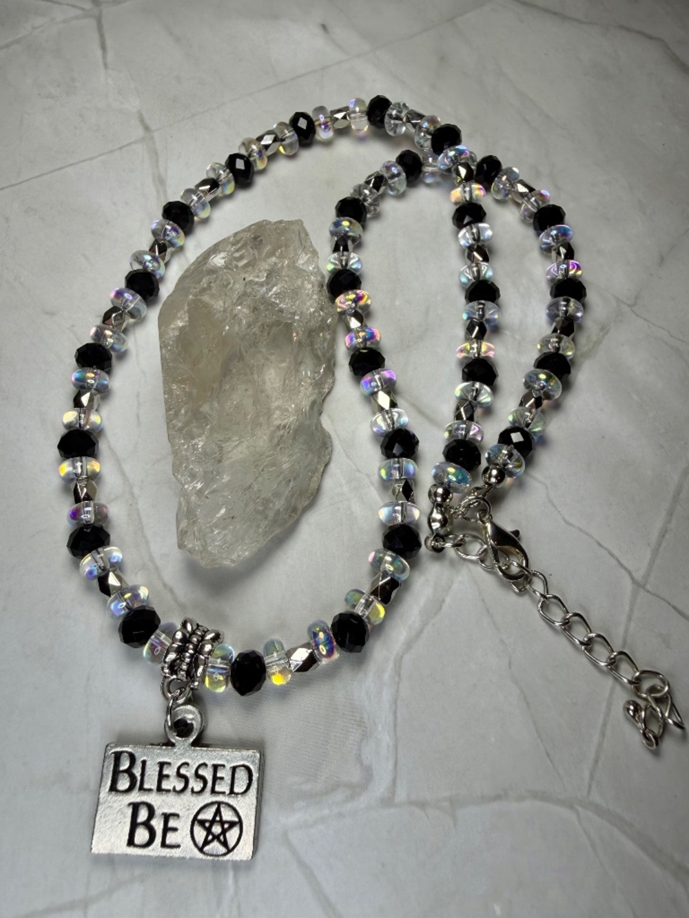 Aura Quartz & Black Obsidian Blessed Be Necklace